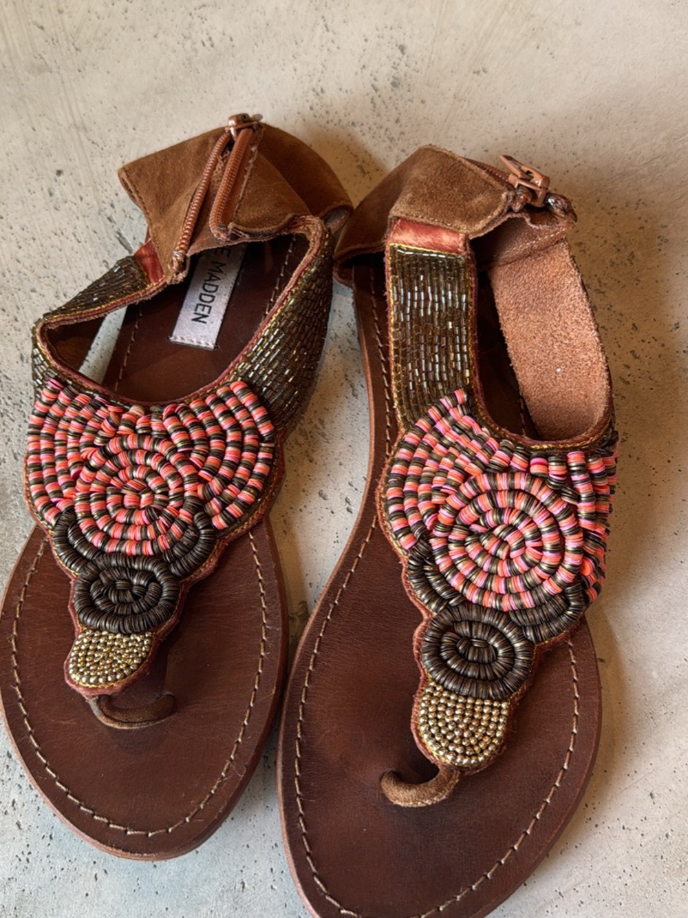 Steve Madden Coral and Brown Beaded T-Strap Sandals